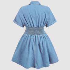 V Neck Short Sleeve Denim Mini Dress GDAM-218976