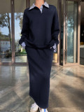 Stripe Lapel Long Sleeve Sweatshirt Long Skir Suit HNIF-ZM006