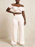 Off Shoulder Ruched Top Wide Leg Pants Suit HNIF-SY038