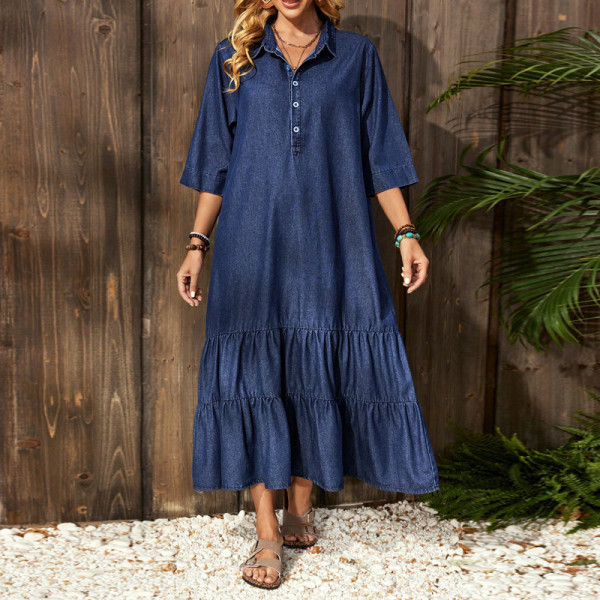 Denim Half Sleeve Loose Maxi Dress GDAM-218936