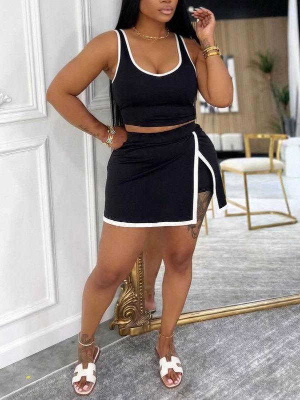 Contrast Color Vest Split Skirt Sport 2 Piece Set HNIF-SY034