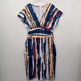 Plus Size Print Deep V Neck Midi Dress QMZF-18612