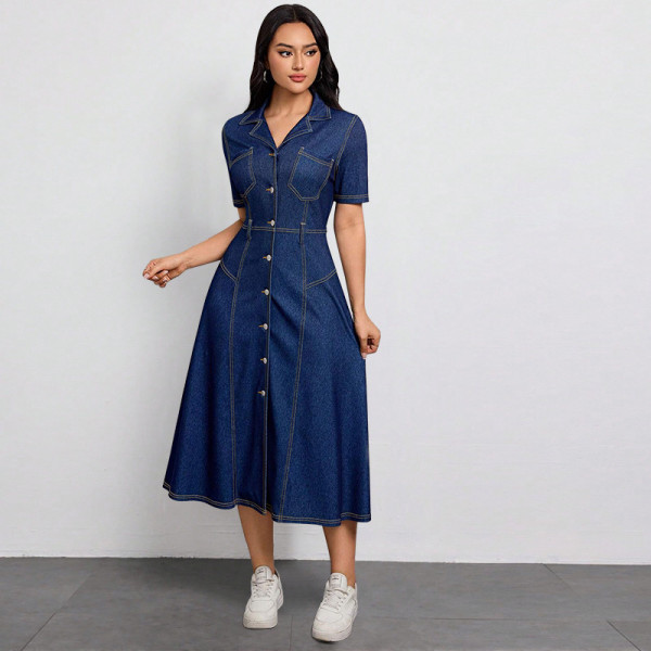 Plus Size Single Breasted Button Short Sleeve Denim Maxi Dress GDAM-218820
