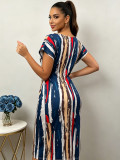 Plus Size Print Deep V Neck Midi Dress QMZF-18612