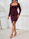 Square Neck Long Sleeve Drawstring Midi Dress GYLY-9853