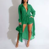 Solid Color Split Long Shirt Two Piece Shorts Set QYMF-GY081