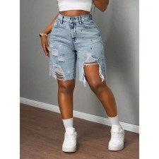 Diamond-Studded Solid-Color Denim Short OD-8784