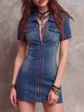 Fashion Lapel Zipper Denim Mini Dress GWDS-260402