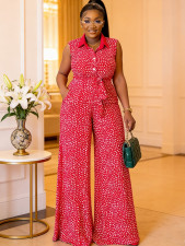 Polka Dot Print Sleeveless Tie Up Jumpsuit QMZF-11221