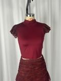 Solid Color Ruhced Lace Mini Dress(Without Belt) GWDS-260410