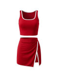 Contrast Color Vest Split Skirt Sport 2 Piece Set HNIF-SY034