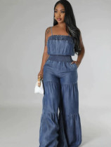 Fashion Sling Denim Wide Leg Jumpsuit GXRF-QC161