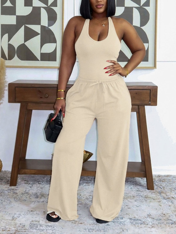 Solid Color Tank Top Wide Leg Pants Sport Suit HNIF-SY033