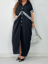 Plus Size Lapel Single Breasted Button Long Dress QMZF-2181