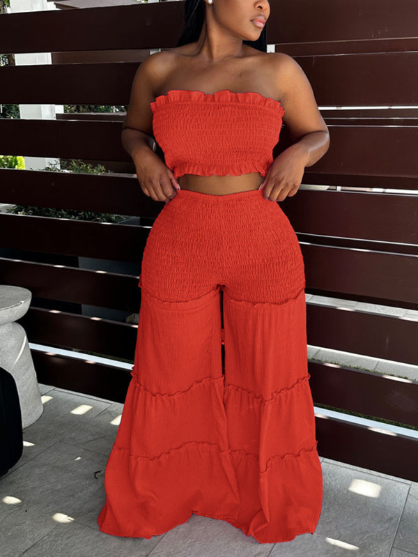 Solid Color Wrap Chest Top Wide Leg Pants Suit HNIF-HN311
