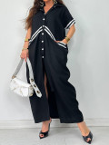 Plus Size Lapel Single Breasted Button Long Dress QMZF-2181