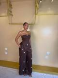 Polka Dot Print Wrap Chest Top Wide Leg Pants Suit GCNE-75212
