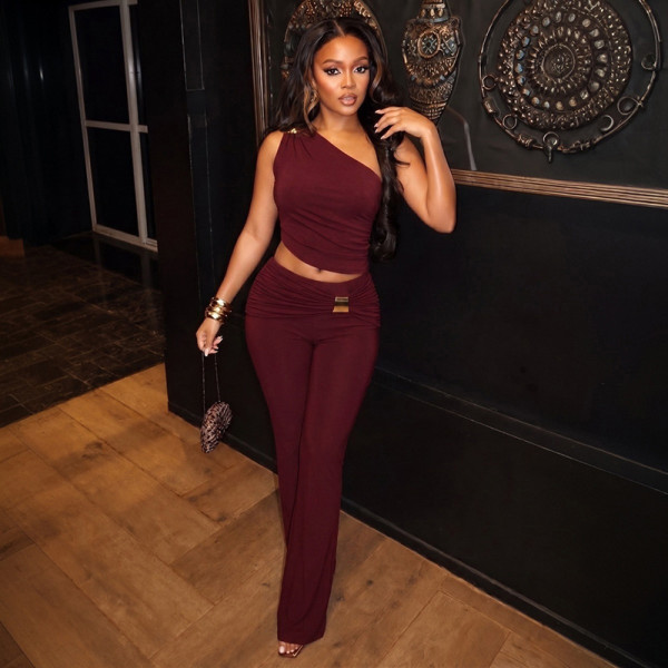 Single Shoulder Tops Micro Flare Pants Suit GSZM-D26ST215