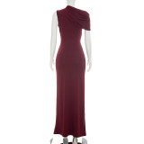 Solid Color Single Shoulder Hollow Out Maxi Dress GSZM-D26DS216