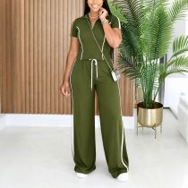 Zipper Short Sleeve Top Two Piece Pants Set HNIF-GY326