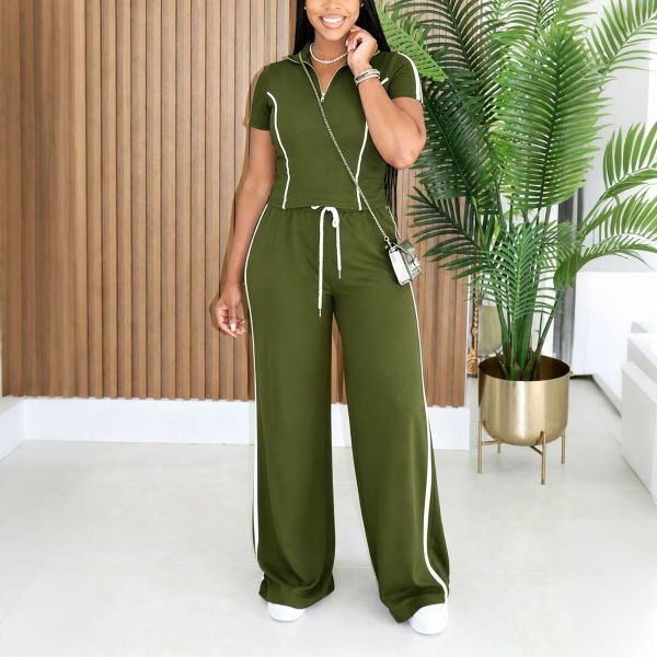 Zipper Short Sleeve Top Two Piece Pants Set HNIF-GY326