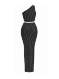 Stripe Slash Shoulder Top Long Skirt Suit HNIF-YM111