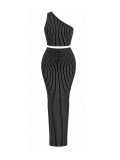 Stripe Slash Shoulder Top Long Skirt Suit HNIF-YM111