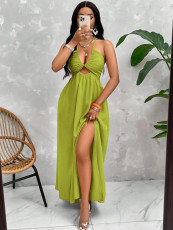 Sexy Halterneck Hollow Out Split Maxi Dress HNIF-SY032