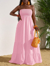 Solid Color Ruched Tube Top Maxi Dress HNIF-MC026