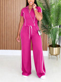 Zipper Short Sleeve Top Two Piece Pants Set HNIF-GY326