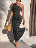 Stripe Slash Shoulder Top Long Skirt Suit HNIF-YM111