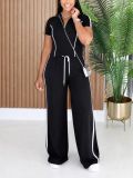 Zipper Short Sleeve Top Two Piece Pants Set HNIF-GY326