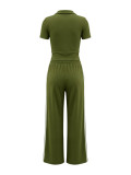 Zipper Short Sleeve Top Two Piece Pants Set HNIF-GY326