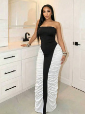 Contrast Color Ruched Backless Maxi Dress GHYX-TXY5391