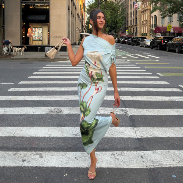 Print Slash Shoulder Slim Maxi Dress DLSF-K6D10413A