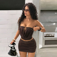 Solid Color Wrap Chest Top Two Piece Skirts Set GZJQ-K6S11115A