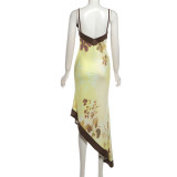 Sexy Print Backless Irregular Sling Midi Dress XEF-K6D09929A