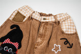 Plus Size Embroidered Patchwork Checkered Cropped Jeans GYLN-2105