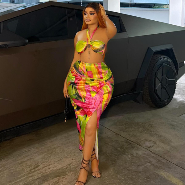 Sexy Print Halterneck Two Piece Skirts Set GJYO-JSD711908