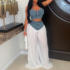 V Neck Zipper Vest Wide Leg Pants 2 Piece Set AIL-357