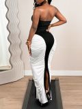 Contrast Color Ruched Backless Maxi Dress GHYX-TXY5391
