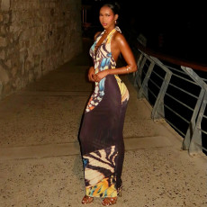 Print Backless Deep V Neck Maxi Dress GJYO-JD305501