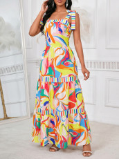 Off Shoulder Tie Up Print Maxi Dress GYLY-9723