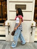 Plus Size Plaid Patchwork Embroidered Puppy Jeans GYLN-2956
