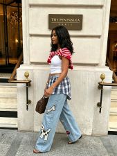 Plus Size Plaid Patchwork Embroidered Puppy Jeans GYLN-2956