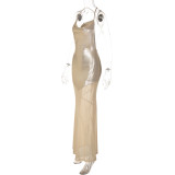 Mesh Patchwork Backless Sling Maxi Dress LJSF-D6521681X