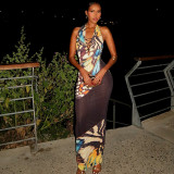 Print Backless Deep V Neck Maxi Dress GJYO-JD305501