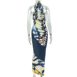 Print Backless Deep V Neck Maxi Dress GJYO-JD305501