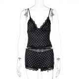 Polka Dot Print Lace Patchwork Two Piece Shorts Set LJSF-S6421431X
