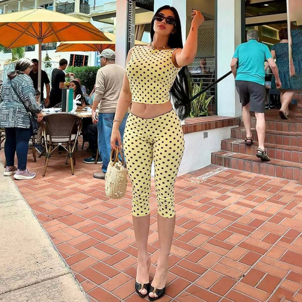 Polka Dot Print Backless Top Two Piece Pants Set LJSF-S6421503X